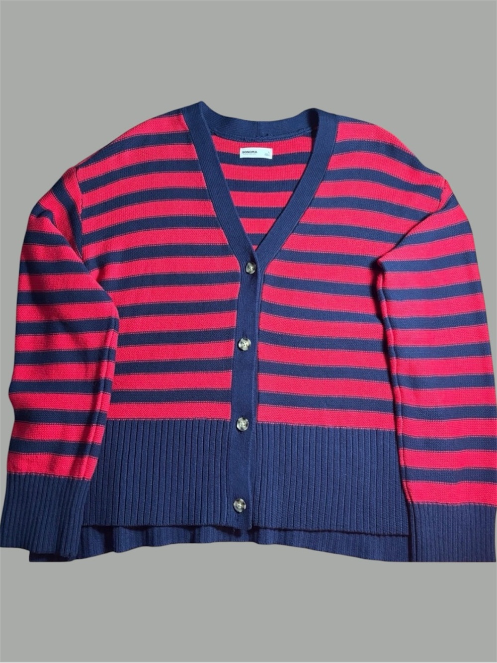 Sonoma side-slit navy/red striped cardigan L GrandpaCore Nautical AcademicPreppy